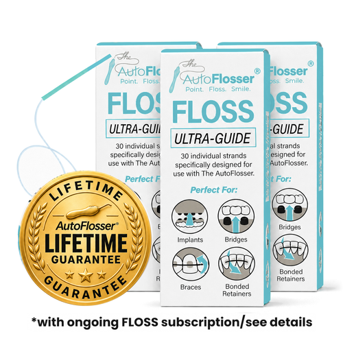 Three AutoFlosser ULTRA-GUIDE floss refill boxes with the AutoFlosser Lifetime Guarantee seal