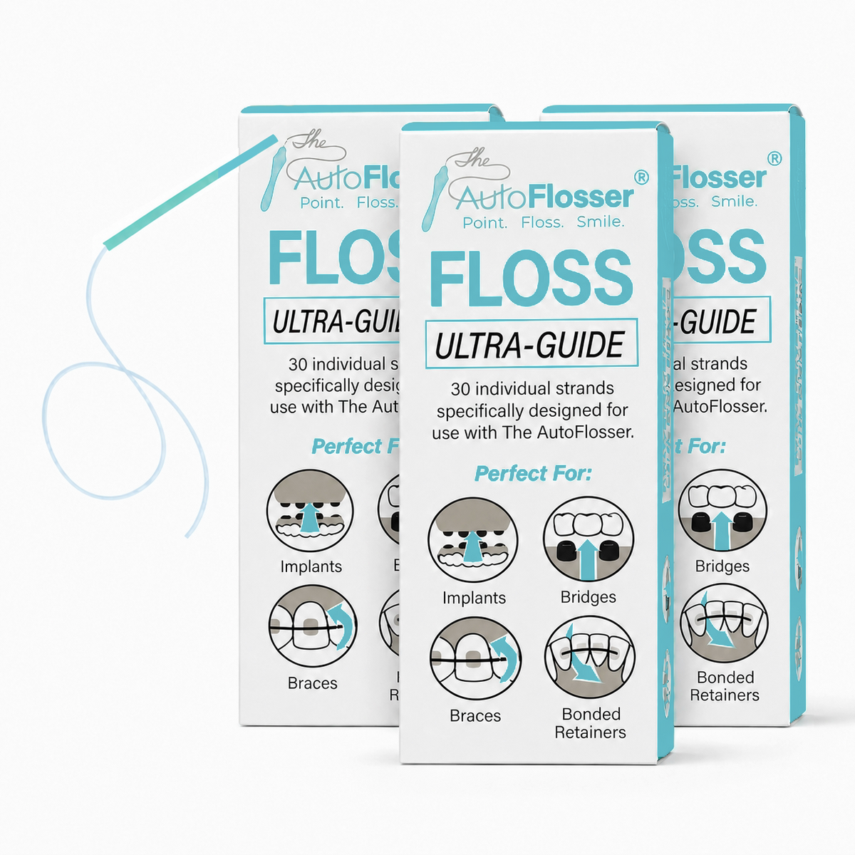 Three AutoFlosser ULTRA-GUIDE 30-count floss refill boxes, 90 strands in total