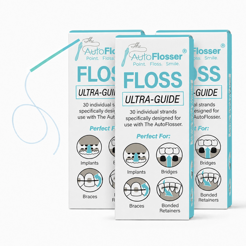Three AutoFlosser ULTRA-GUIDE 30-count floss refill boxes, 90 strands in total