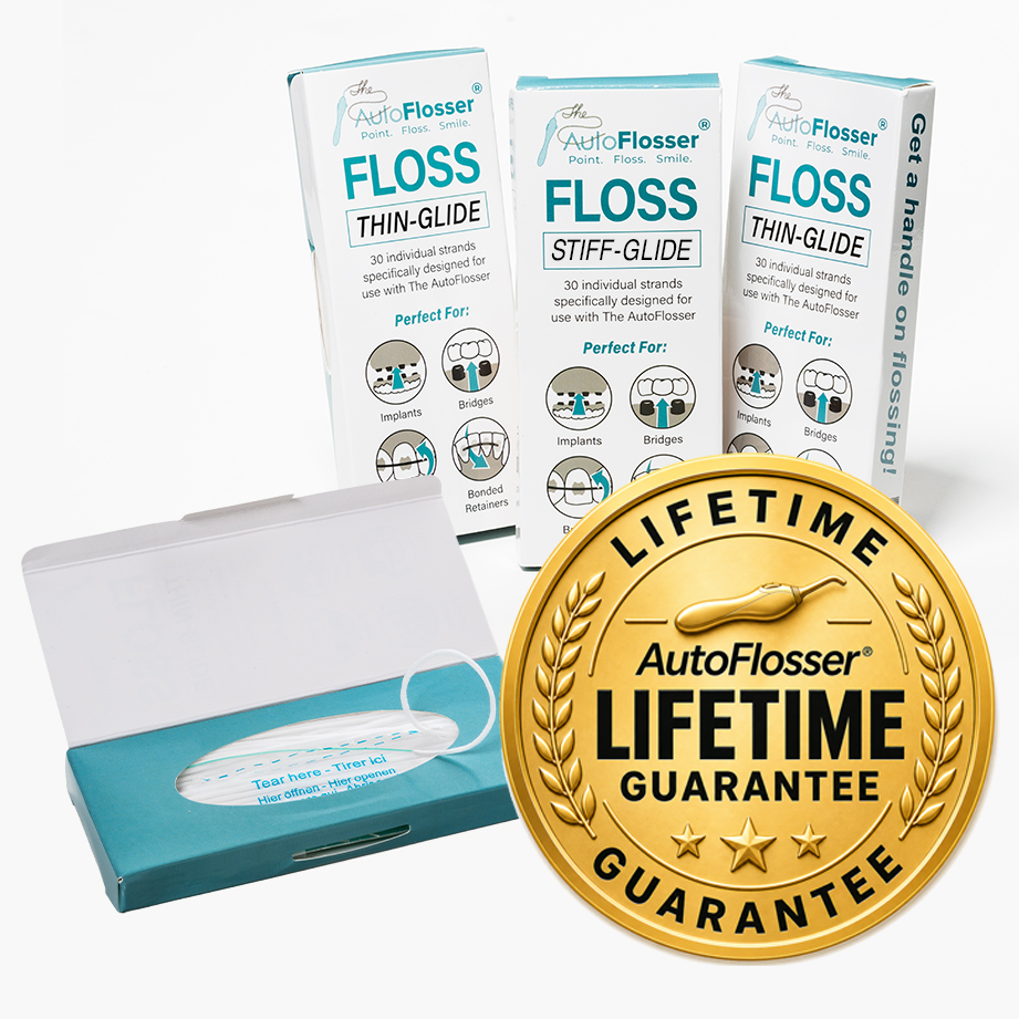 Floss packaging with a gold badge for The  AutoFlosser lifetime guarantee