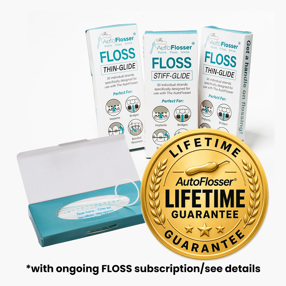 Floss packaging with a gold badge for The  AutoFlosser lifetime guarantee