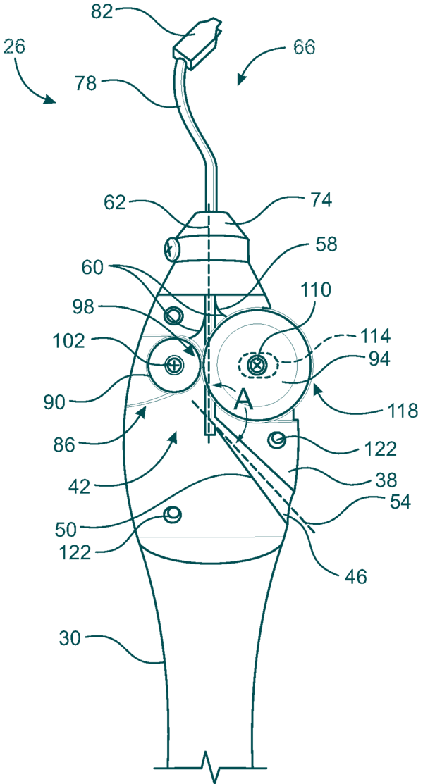 Figure 4 of U.S. Patent 11,331,175: the AutoFlosser handle cut away, showing the floss path between two rollers and out through the tip